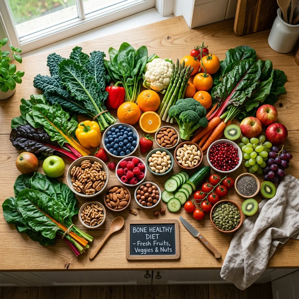 Fresh fruits, vegetables, and nuts on a counter as part of a bone-healthy diet