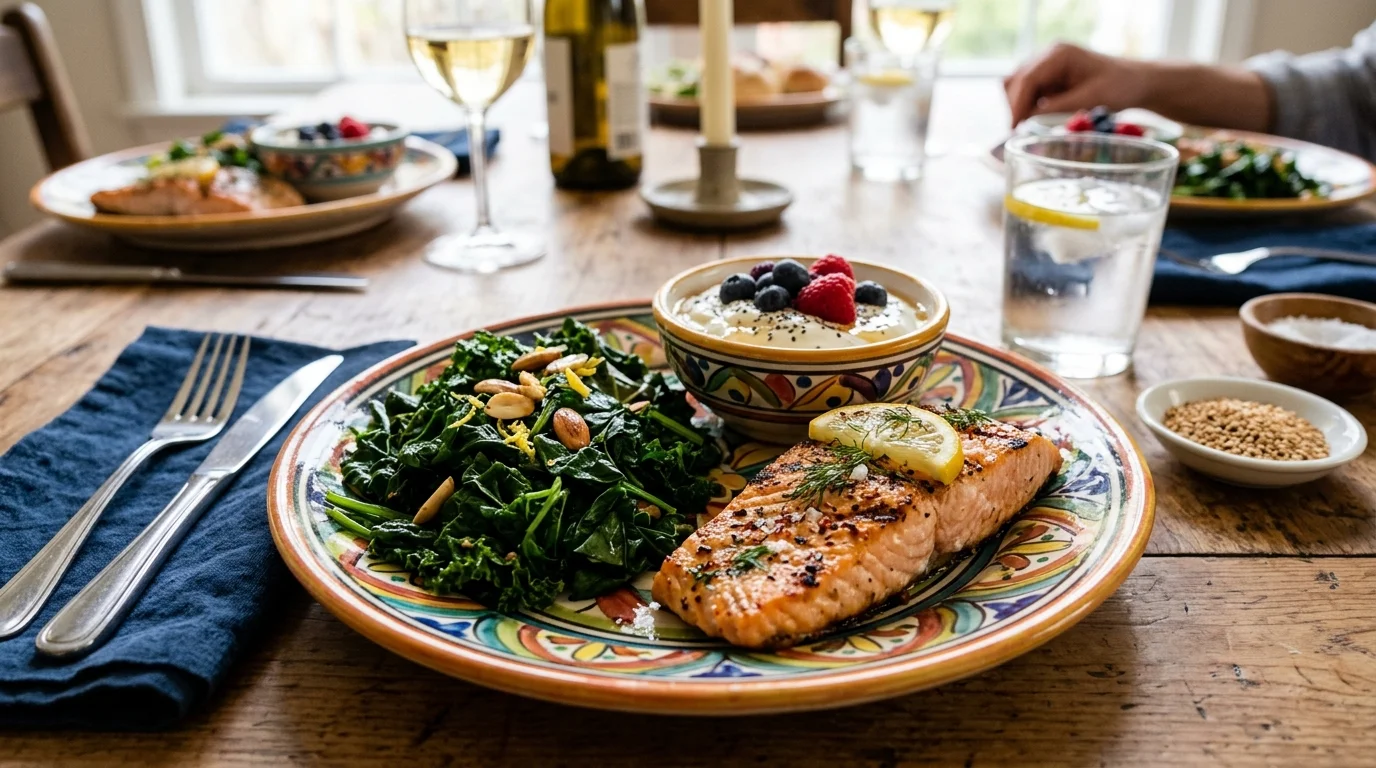 Healthy meal with leafy greens, yogurt, and salmon illustrating calcium-rich diet