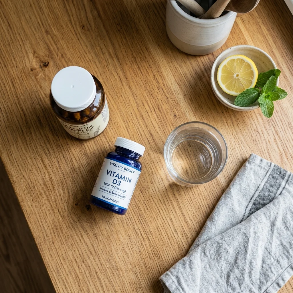Bottles of calcium and vitamin D supplements next to a glass of water