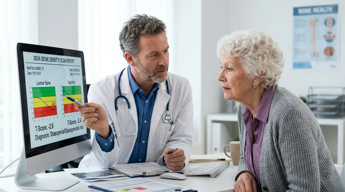 Doctor showing bone density results to a senior woman for osteoporosis screening