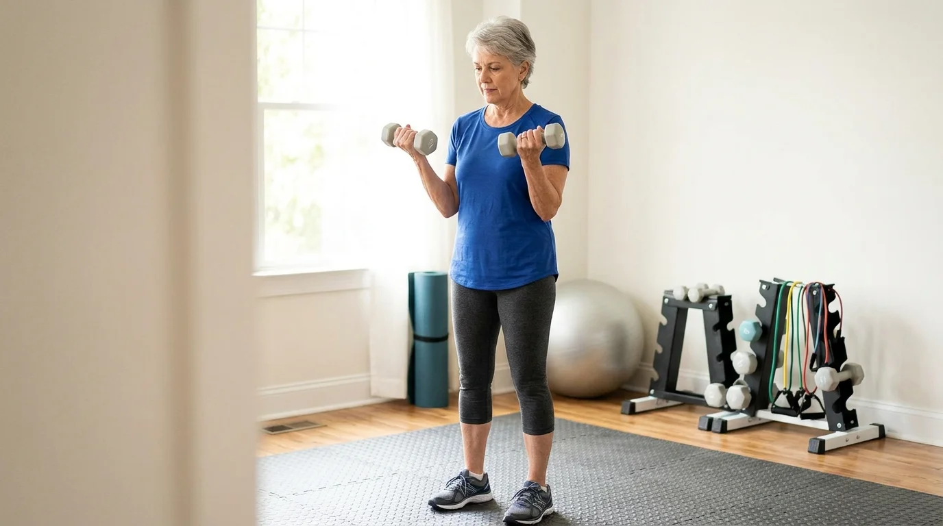 Senior woman lifting dumbbells for muscle and bone strengthening