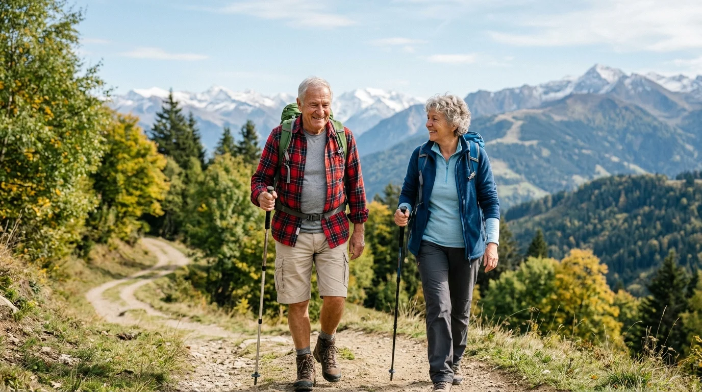 Older adults hiking on a trail, engaging in weight-bearing exercise together