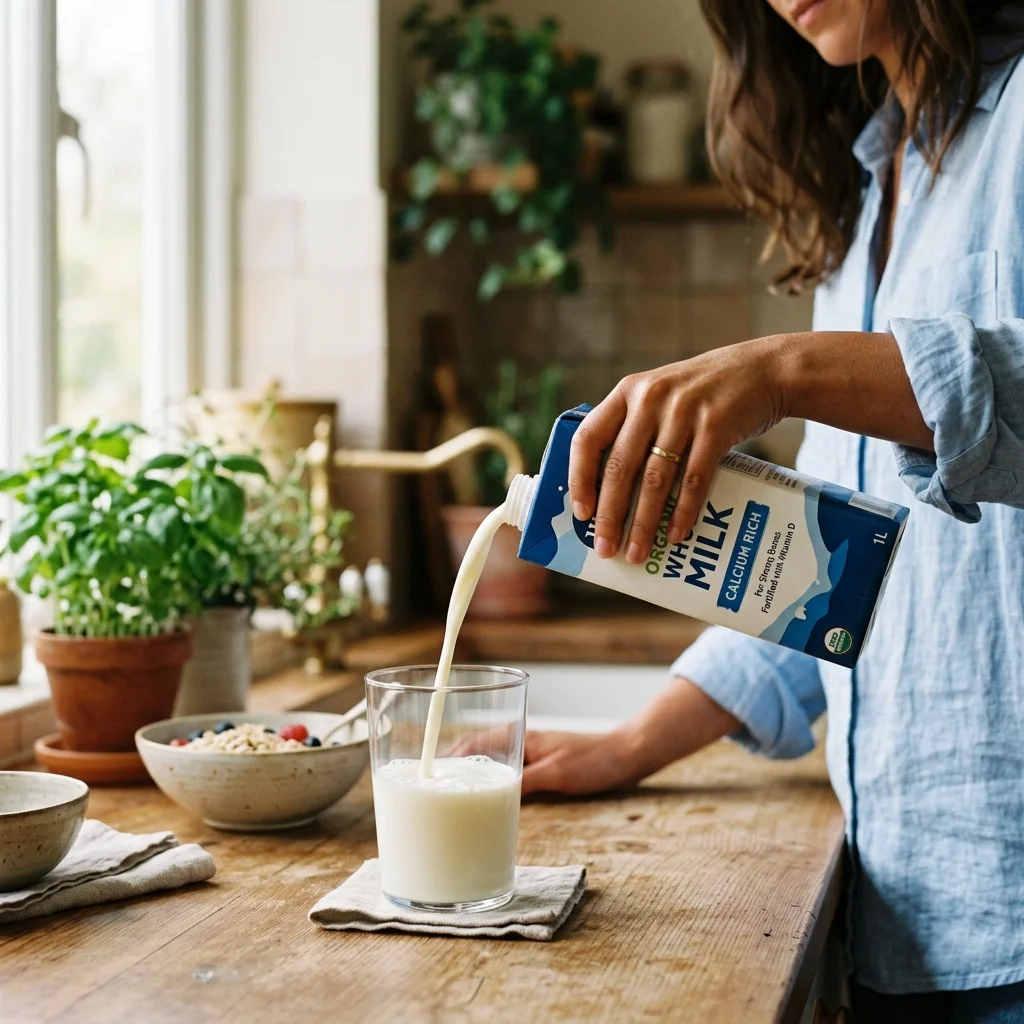 A hand pouring milk into a glass, illustrating a calcium-rich drink for bone health