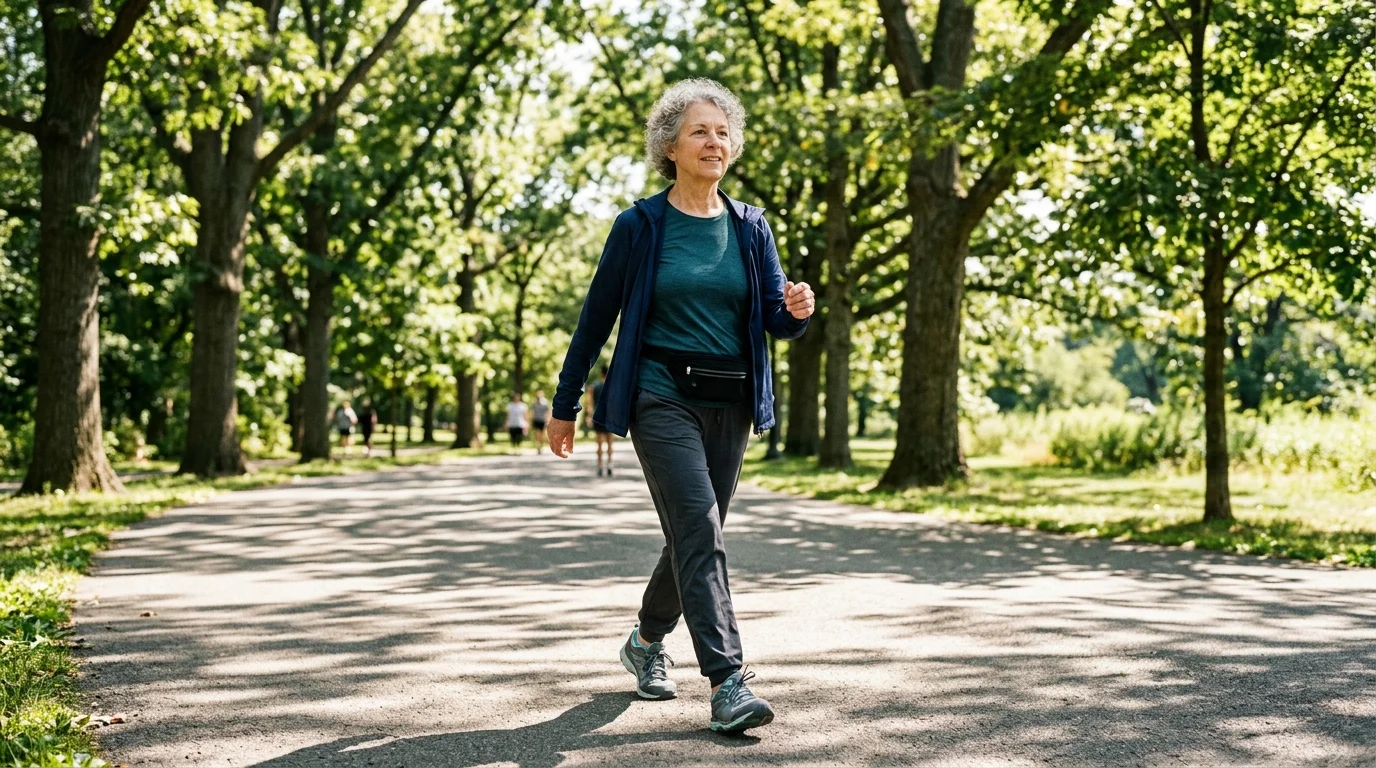 Older woman walking outside in sunlight for exercise and vitamin D