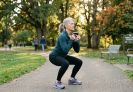 Elderly woman doing a squat exercise in a park to strengthen bones