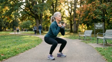 Elderly woman doing a squat exercise to prevent osteoporosis after menopause