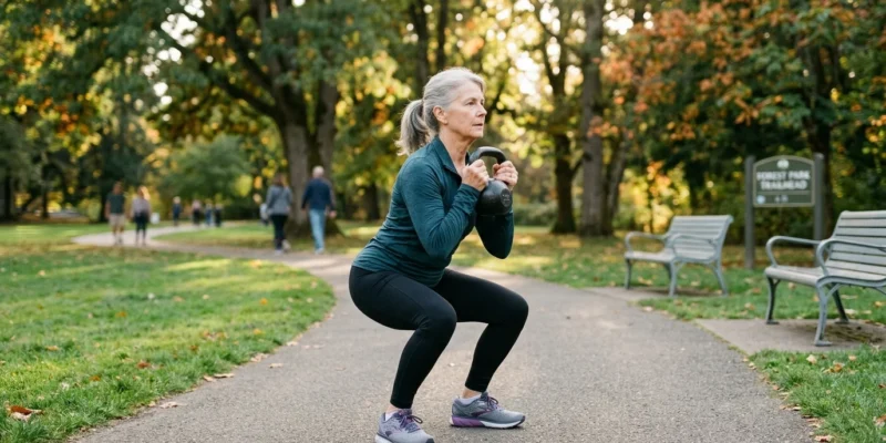 Elderly woman doing a squat exercise in a park to strengthen bones