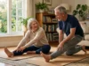 Senior couple doing gentle stretches to manage pain after 60