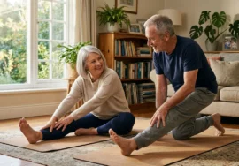 Senior couple doing gentle stretches to manage pain after 60