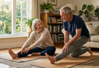 Senior couple doing gentle stretches to manage pain after 60