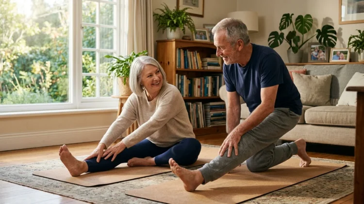 Senior couple doing gentle stretches to manage pain after 60
