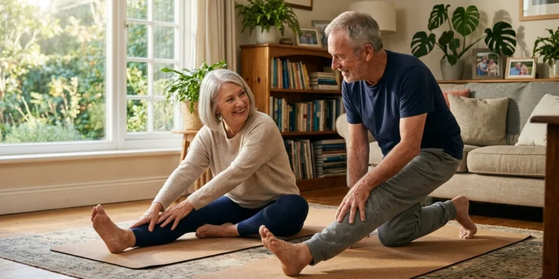 Senior couple doing gentle stretches to manage pain after 60
