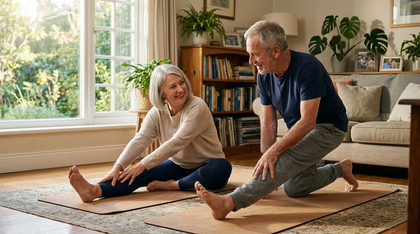 Senior couple doing gentle stretches to manage pain after 60