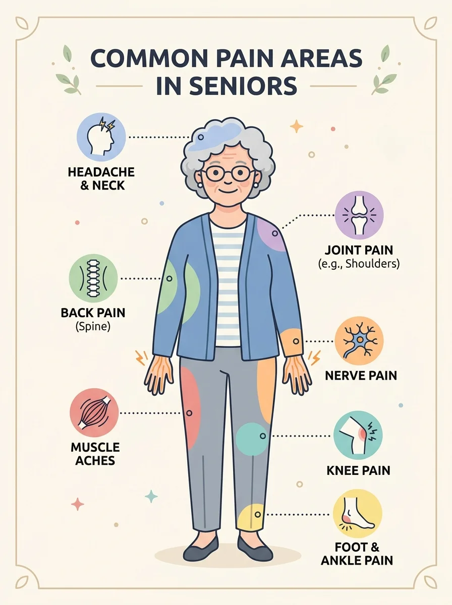 Body diagram showing common pain locations and types in older adults