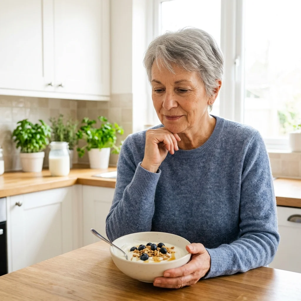 Senior holding a bowl of yogurt representing the aging gut microbiome