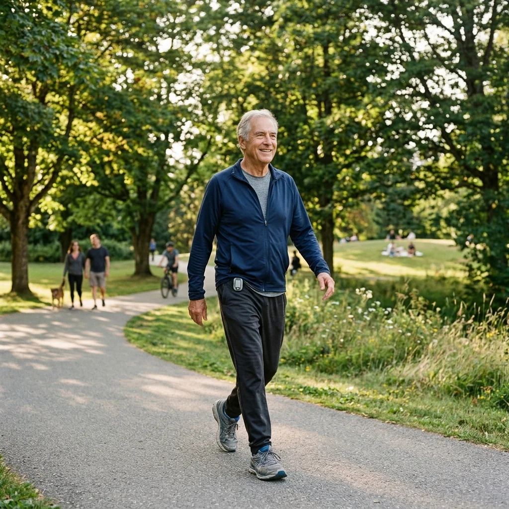 Older adult walking outdoors on a park path to support gut microbiome health