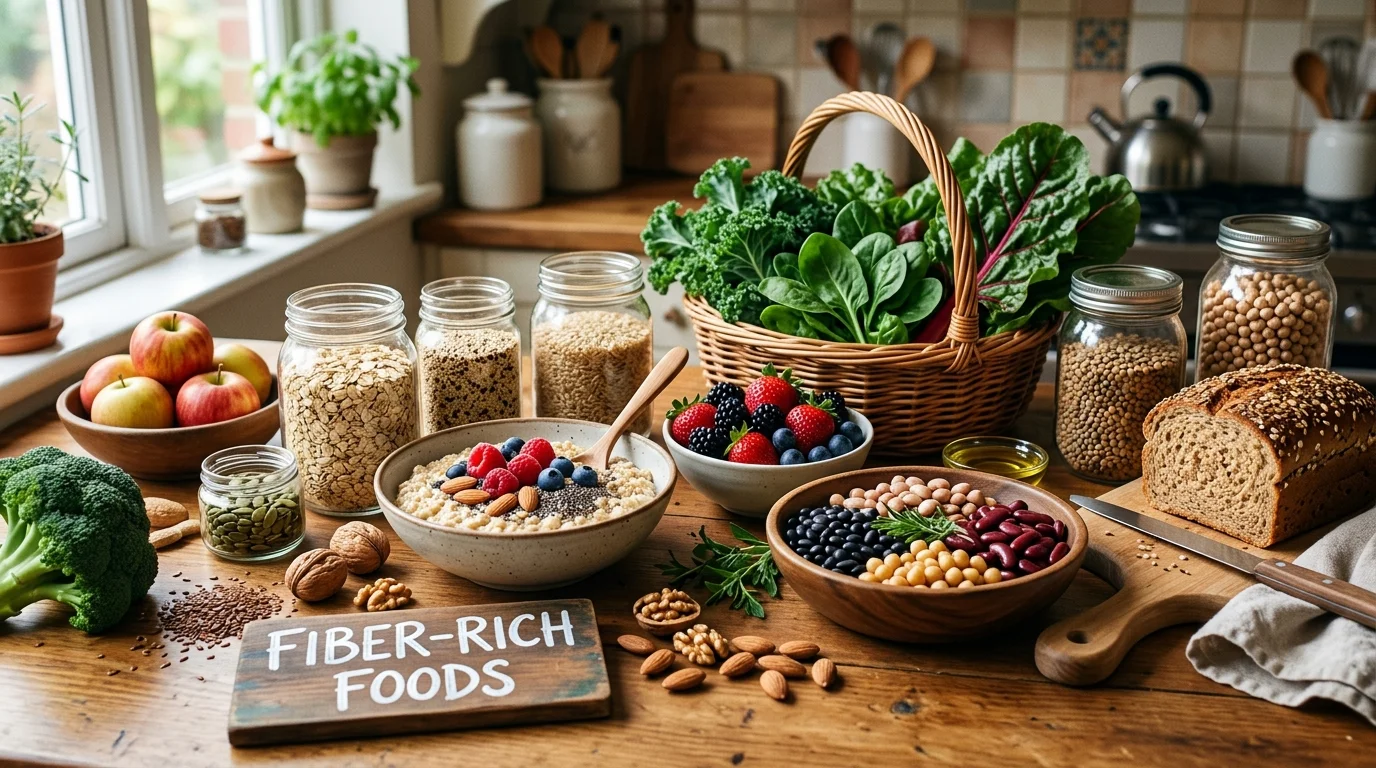 Colorful high-fiber foods including oats, berries, leafy greens, and whole grains for seniors