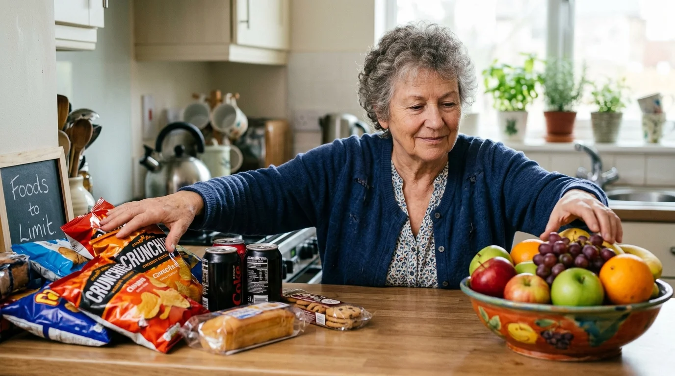 Senior choosing fresh fruit over processed snacks for better gut health
