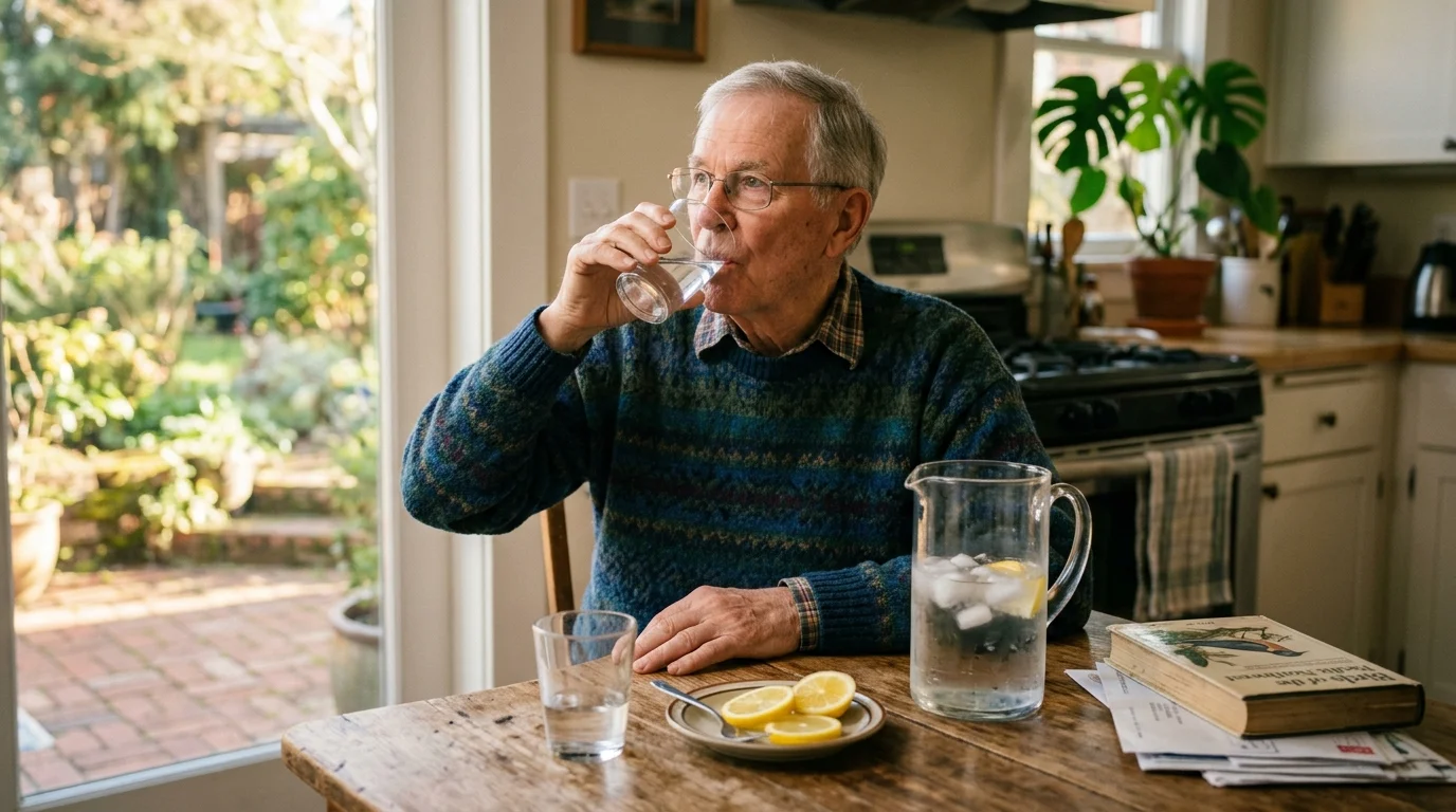Older adult drinking a glass of water for hydration and digestion