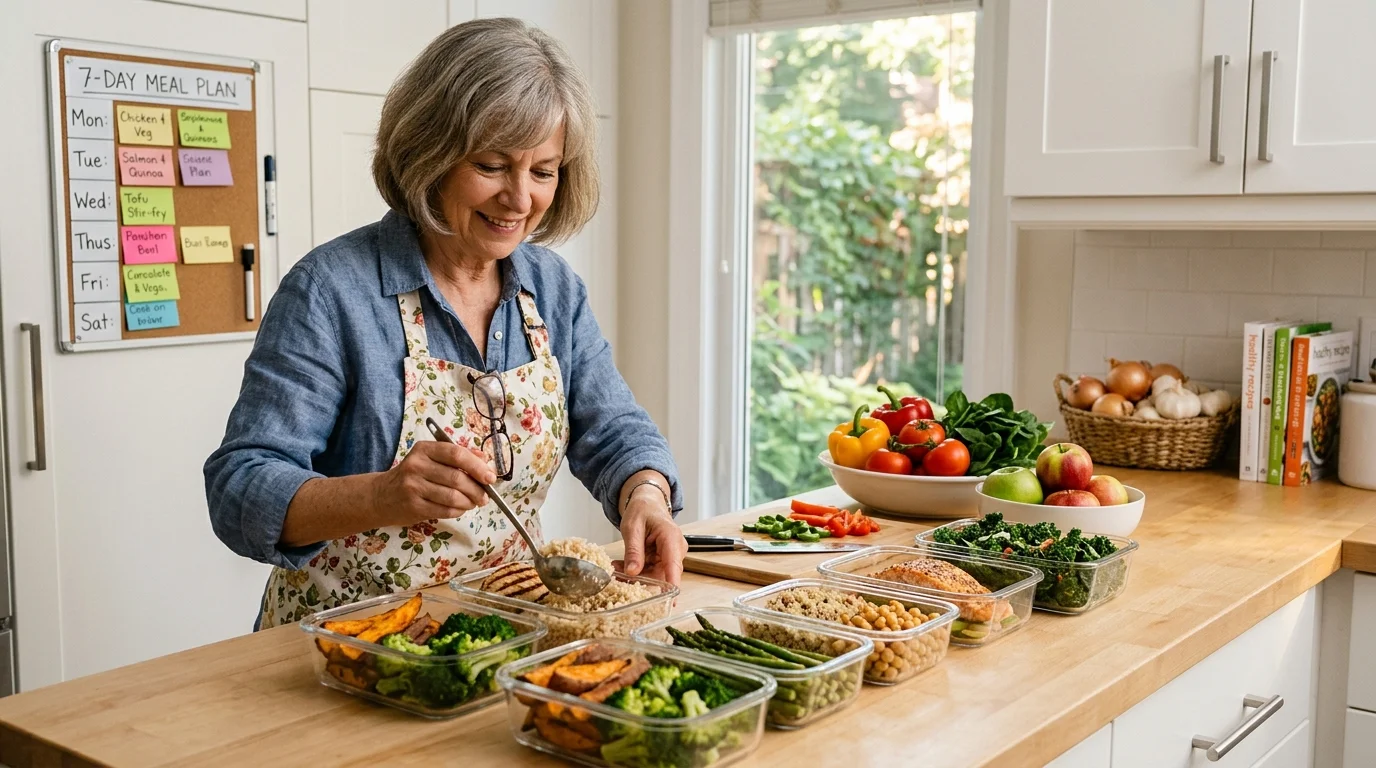 Older adult meal-prepping healthy food containers for the week
