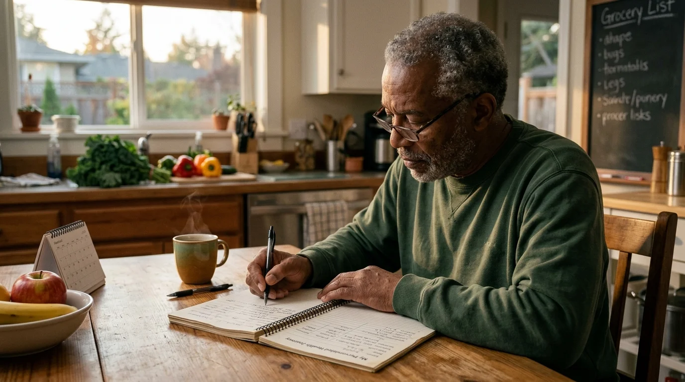 Older adult writing in a food journal to personalize their gut health diet