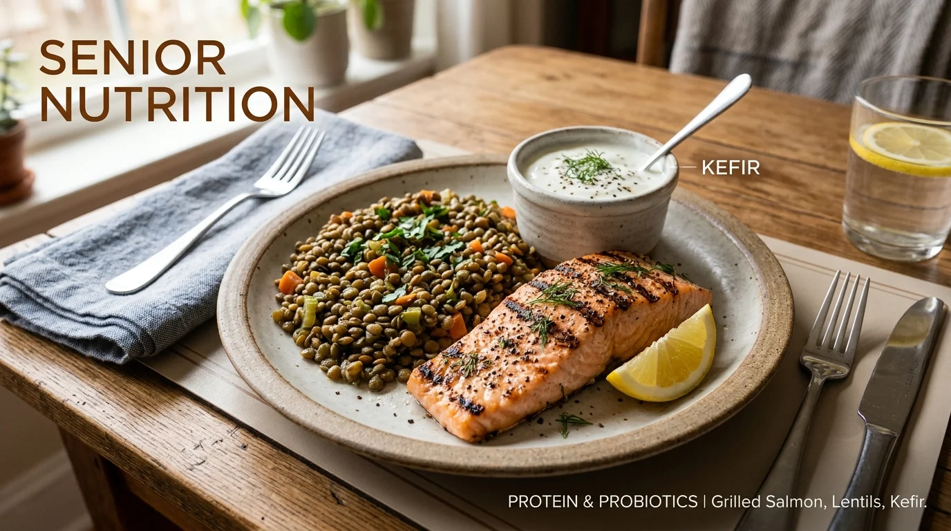 Grilled salmon, lentils, and kefir or yogurt for protein and probiotics