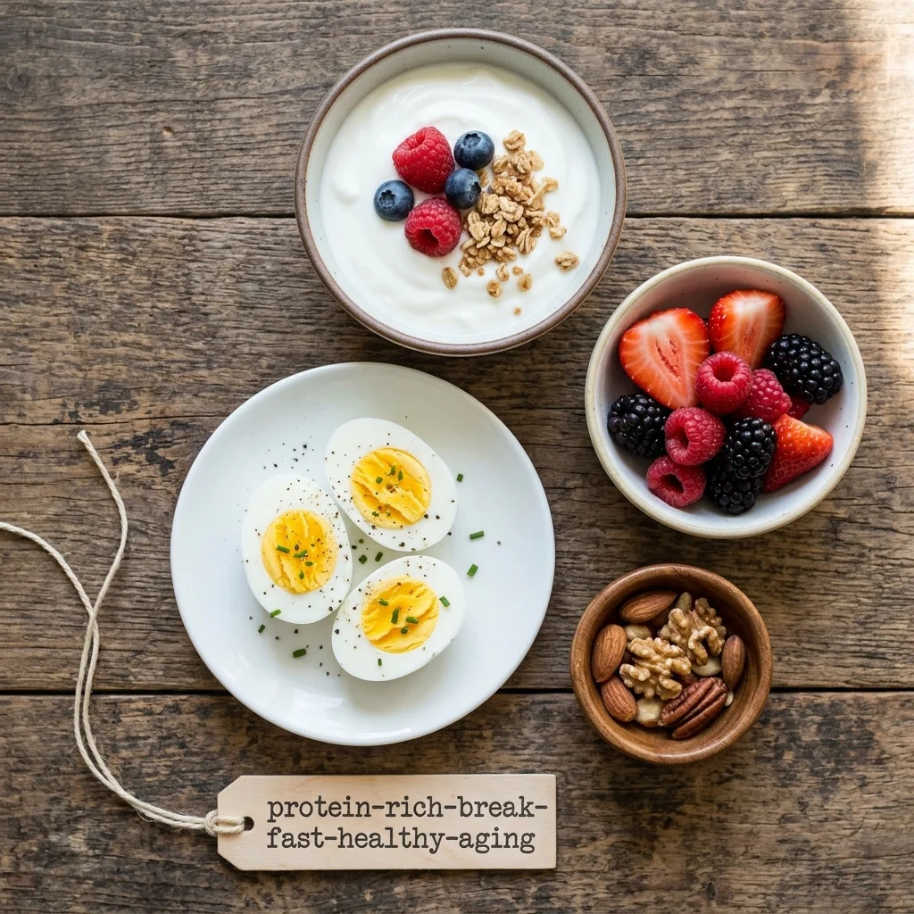 Greek yogurt, eggs, berries, and nuts as a healthy aging breakfast