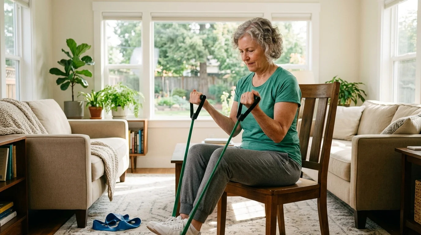 Older adult using resistance bands for strength training after 60