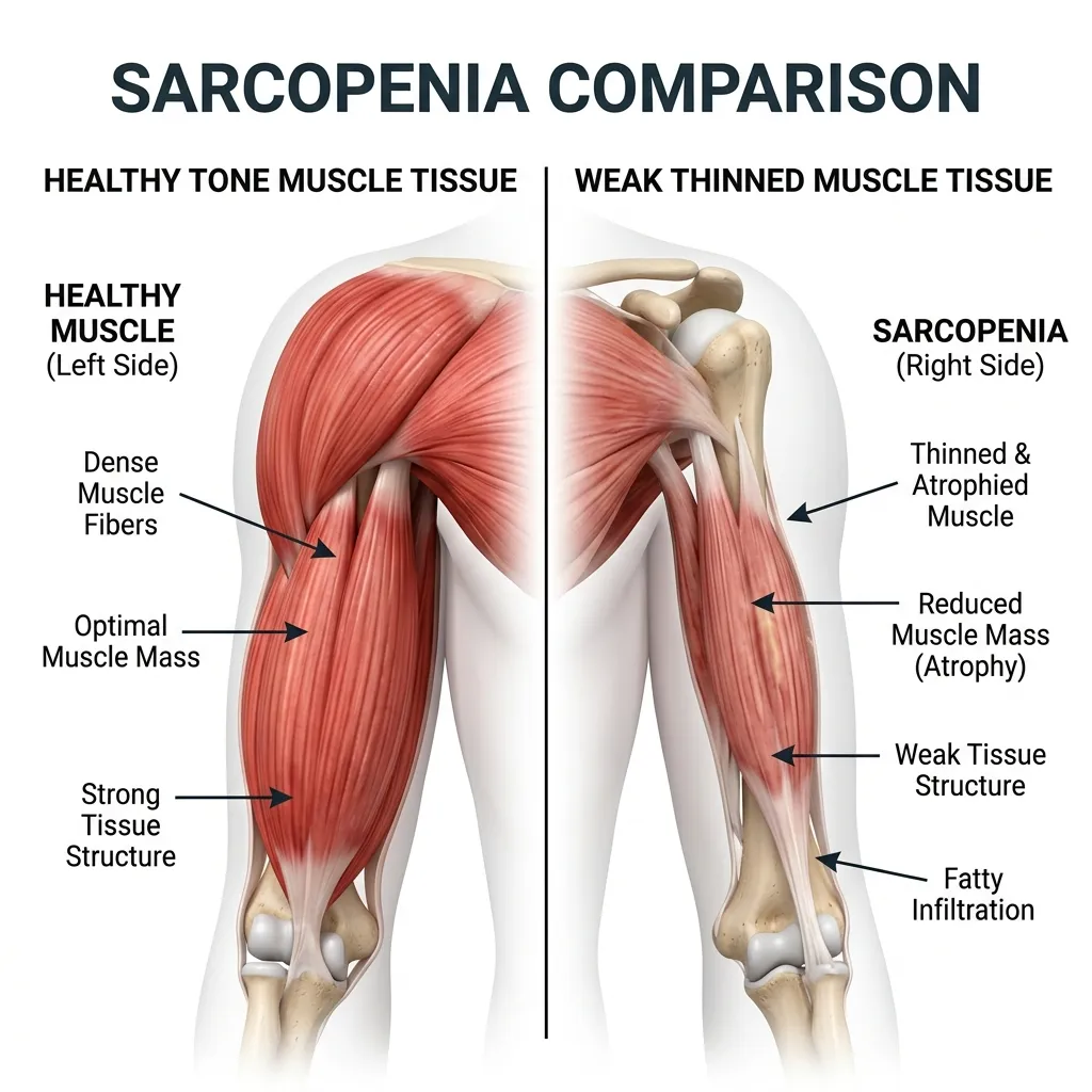 Medical comparison of healthy muscle tissue versus age-related muscle loss sarcopenia