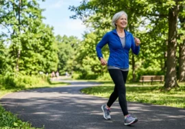 Adult over 60 walking briskly in a park for heart and healthy aging support