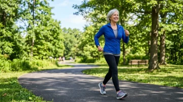 Adult over 60 walking briskly in a park for heart and healthy aging support