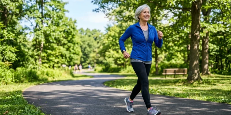 Adult over 60 walking briskly in a park for heart and healthy aging support