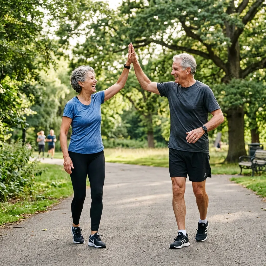 Fit active senior couple over 60 celebrating a workout representing muscle health and longevity