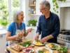 Active senior couple over 60 preparing a high protein healthy meal in a bright kitchen