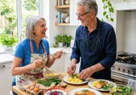 Active senior couple over 60 preparing a high protein healthy meal in a bright kitchen