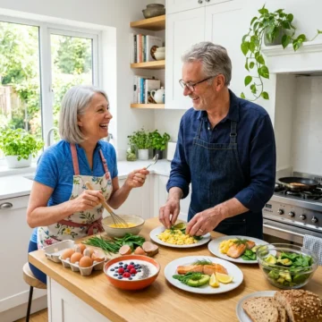 Active senior couple over 60 preparing a high protein healthy meal in a bright kitchen