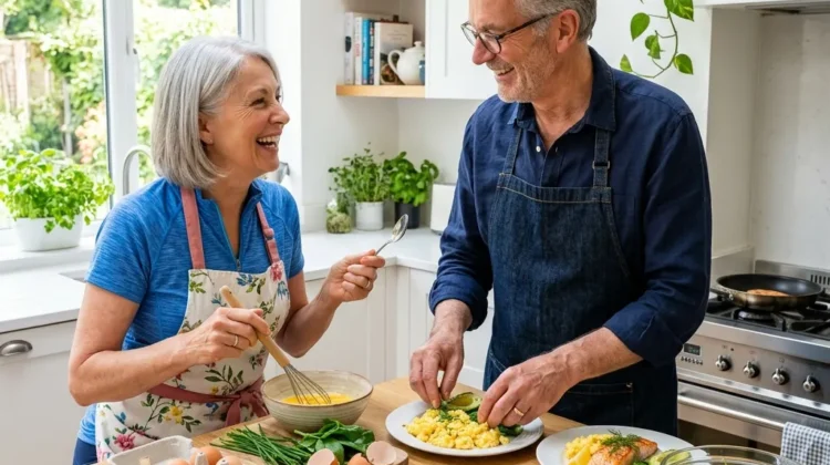 Active senior couple over 60 preparing a high protein healthy meal in a bright kitchen