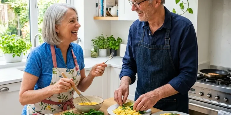 Active senior couple over 60 preparing a high protein healthy meal in a bright kitchen