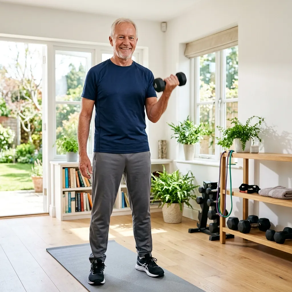 Senior man doing resistance training dumbbell exercise to prevent muscle loss