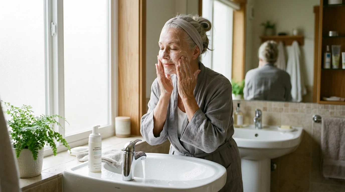 Older woman gently massaging a foaming cleanser onto her face for oily skin care