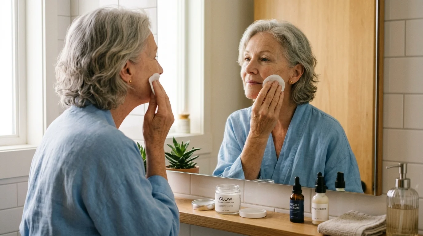 Older woman gently applying a chemical exfoliant pad to her cheek