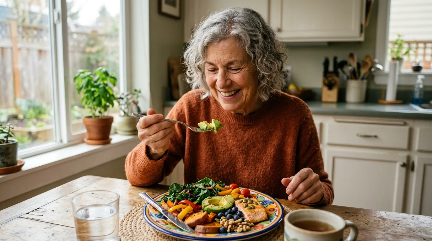Older adult enjoying a colorful plate of vegetables and fruit supporting skin health