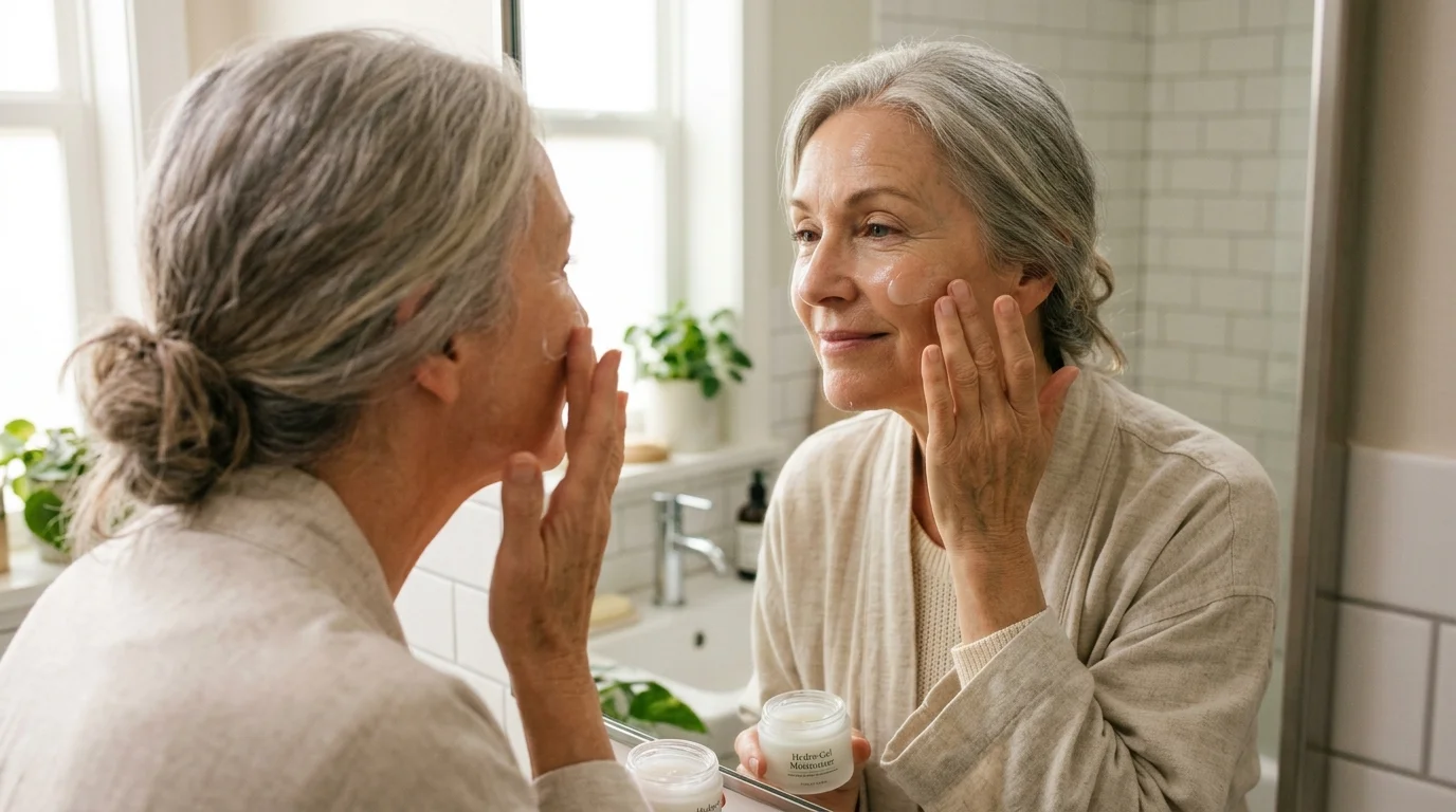Older adult patting a lightweight gel-cream moisturizer onto cheeks