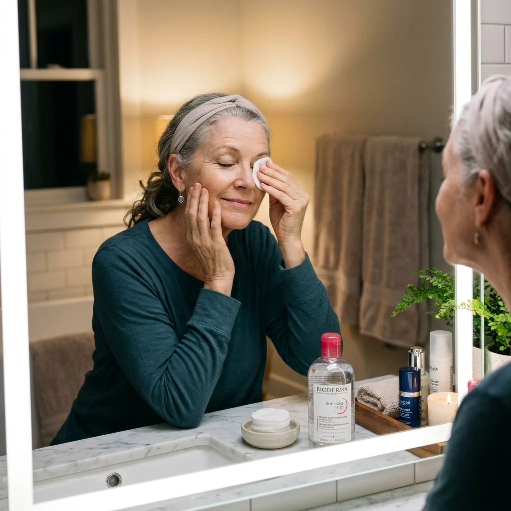 Older adult using a cotton pad with micellar water to remove makeup at night