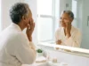 Older adult applying a lightweight facial moisturizer as part of a gentle skincare routine