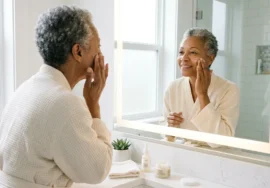 Older adult applying a lightweight facial moisturizer as part of a gentle skincare routine