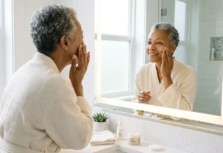 Older adult applying a lightweight facial moisturizer as part of a gentle skincare routine