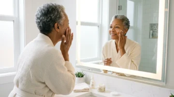Older adult applying a lightweight facial moisturizer as part of a gentle skincare routine