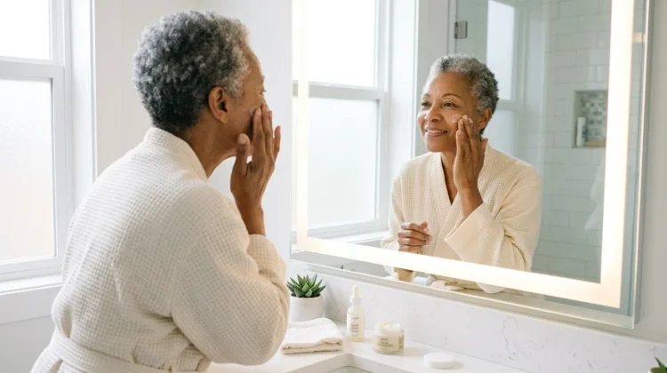 Older adult applying a lightweight facial moisturizer as part of a gentle skincare routine