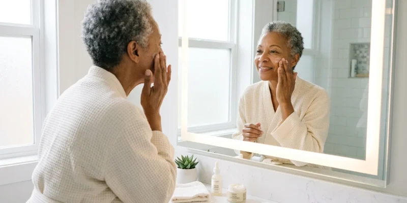 Older adult applying a lightweight facial moisturizer as part of a gentle skincare routine